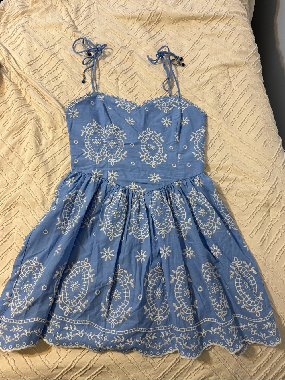 Blue Embroidered Tie-Shoulder Dress